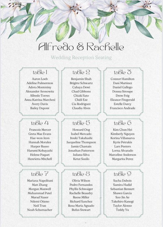 Personalised Wedding seating plan fully customisable A3,A2,A1,A0