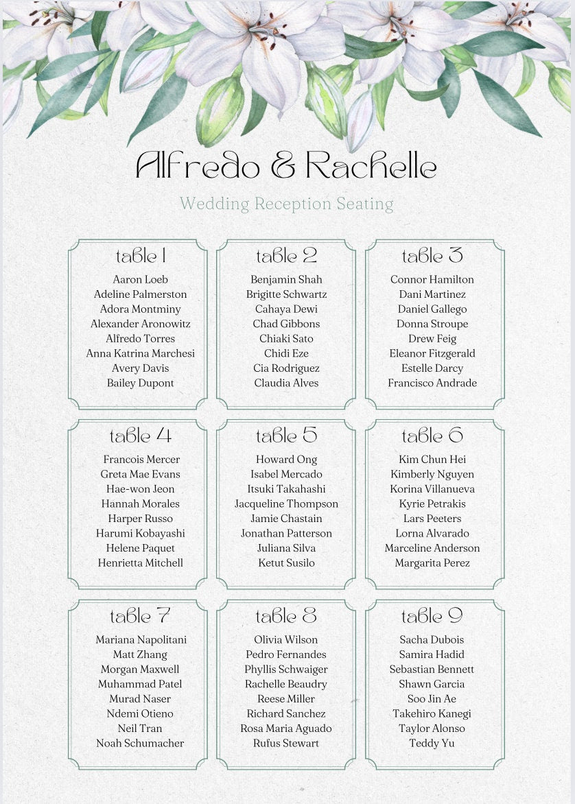 Personalised Wedding seating plan fully customisable A3,A2,A1,A0