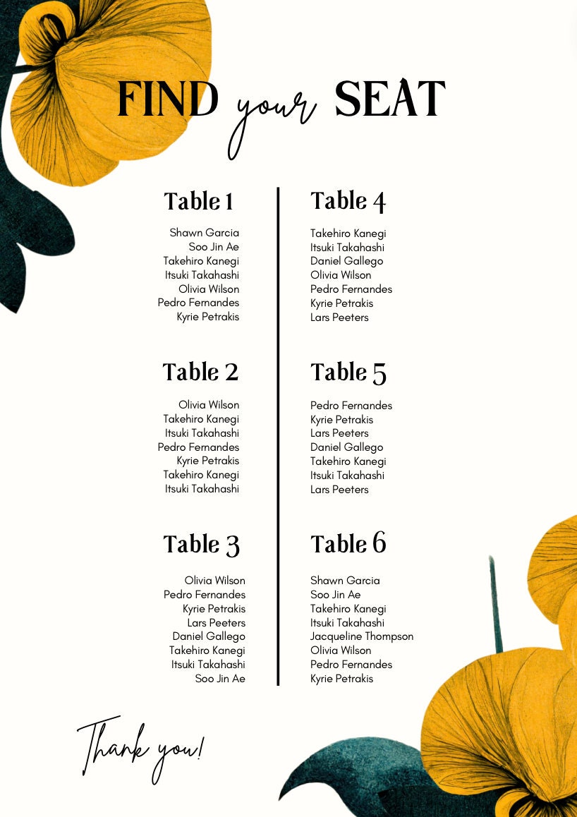 Personalised Wedding seating plan fully customisable A3,A2,A1,A0
