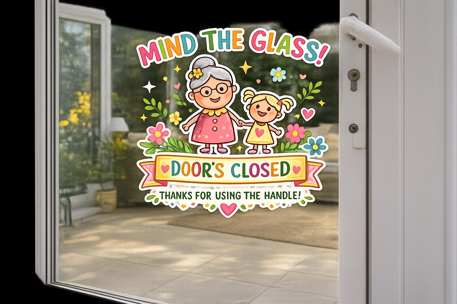Custom Mind the Glass Window Cling Door’s Closed Fun Sticker Conservatories and Patio Doors Perfect for Grandparents and Families