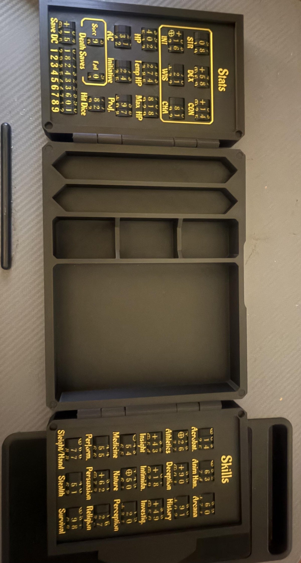 3D Printed DnD Character Tracker & Dice Tray, Black Gold Fantasy Design (Folding Player Organizer)