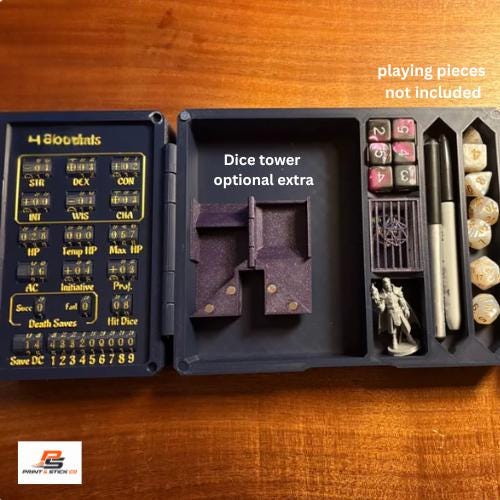 3D Printed DnD Character Tracker & Dice Tray, Black Gold Fantasy Design (Folding Player Organizer)