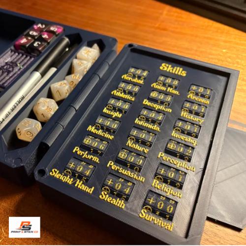 3D Printed DnD Character Tracker & Dice Tray, Black Gold Fantasy Design (Folding Player Organizer)